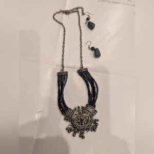 Boho Black Beaded Oxidized Silver Necklace and Earring Set